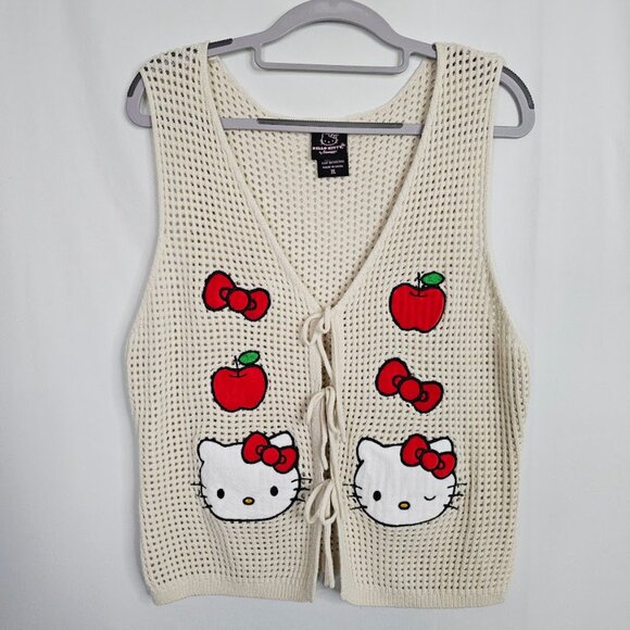 HELLO KITTY Patches Open Knit Sweater Vest BEIGE WHITE & RED size XL Hot Topic - Picture 10 of 10